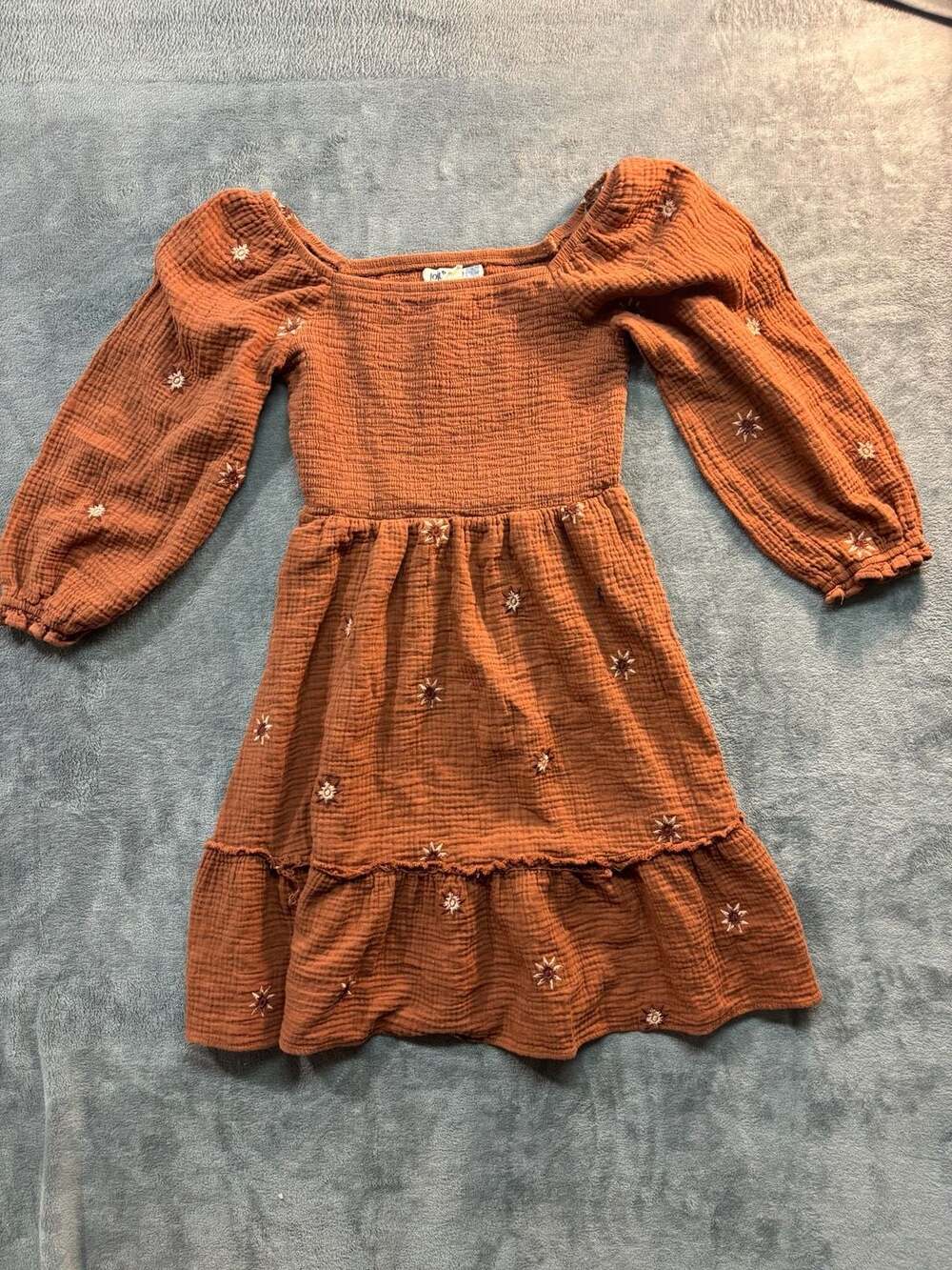 Jolt Burnt Orange Smocked Tiered Mini Dress Floral Embroidery